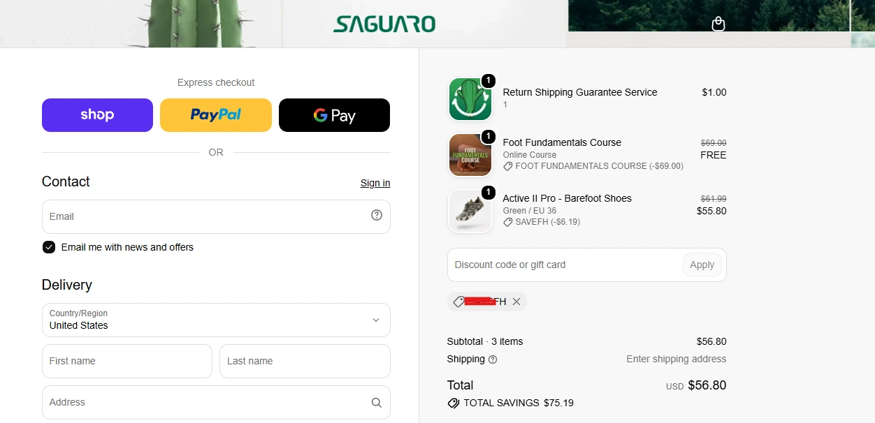 Coupon code applied successfully at Saguaro checkout