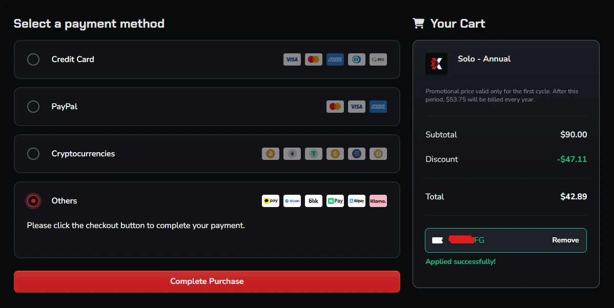 Coupon code applied successfully at Exitlag checkout